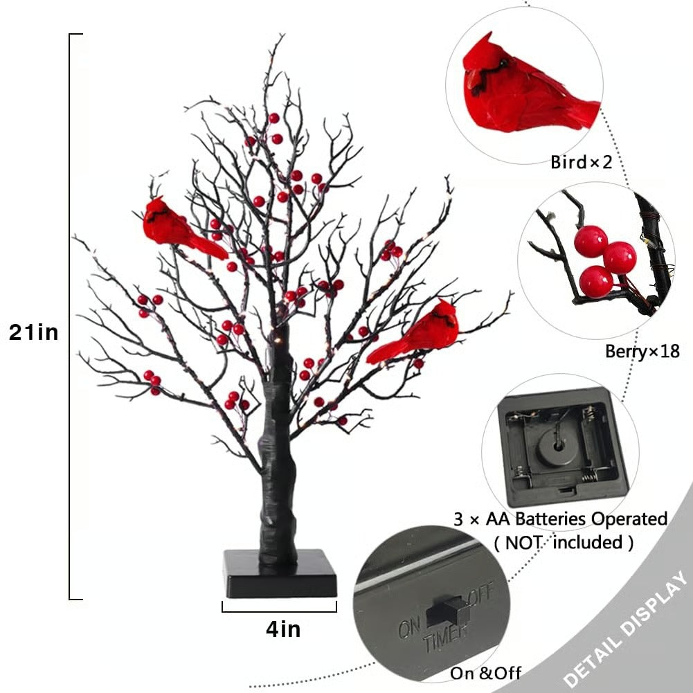 ✨ LED Vintage Glowing Tree with Cardinal and Red Berries