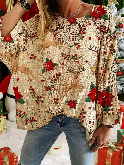 Women Long-Sleeve Christmas Tree Print Knit Pullover – Casual & Elegant Loose Fit Sweater
