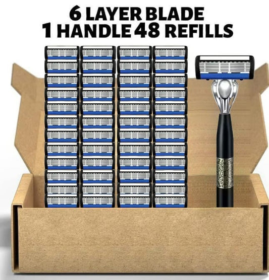 48-Piece Men's Razor Blade Replacement Set with Free Handle - Ultra Sharp Stainless Steel Blades for Smooth Shaving