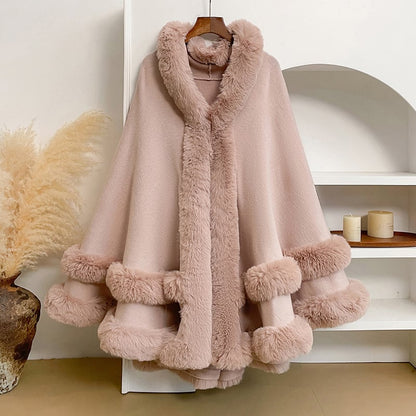 Luxurious faux fur hooded shawl