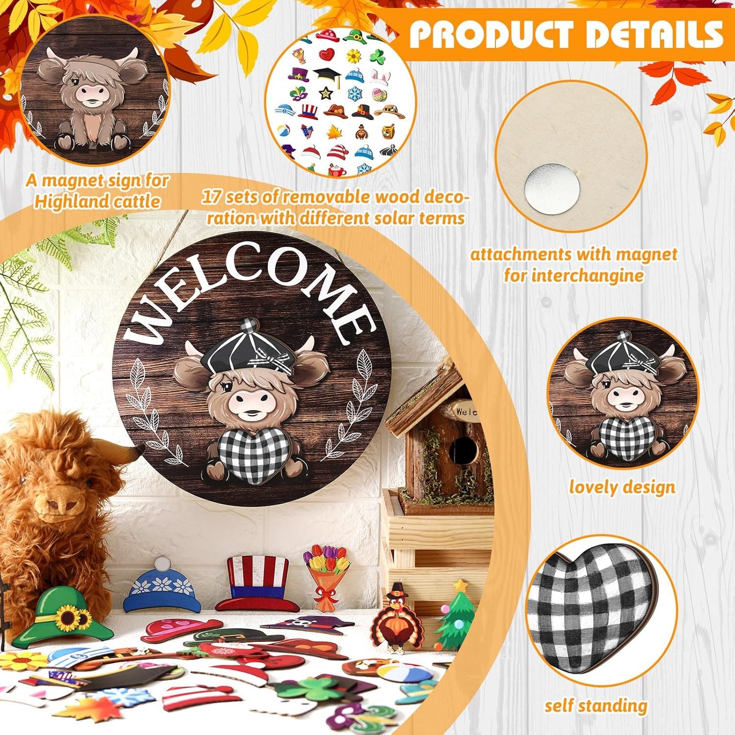 Interchangeable Highlands Cow Welcome Sign Wooden Holiday Front Door Decor