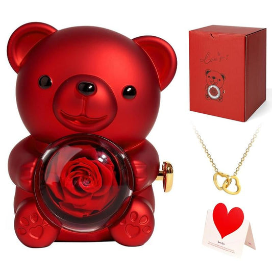 【Necklace Included】Cute Teddy Bear with Preserved Rose 🧸🌹-A Real Rose Flowerin Bear with Elegant Gift Box🎁