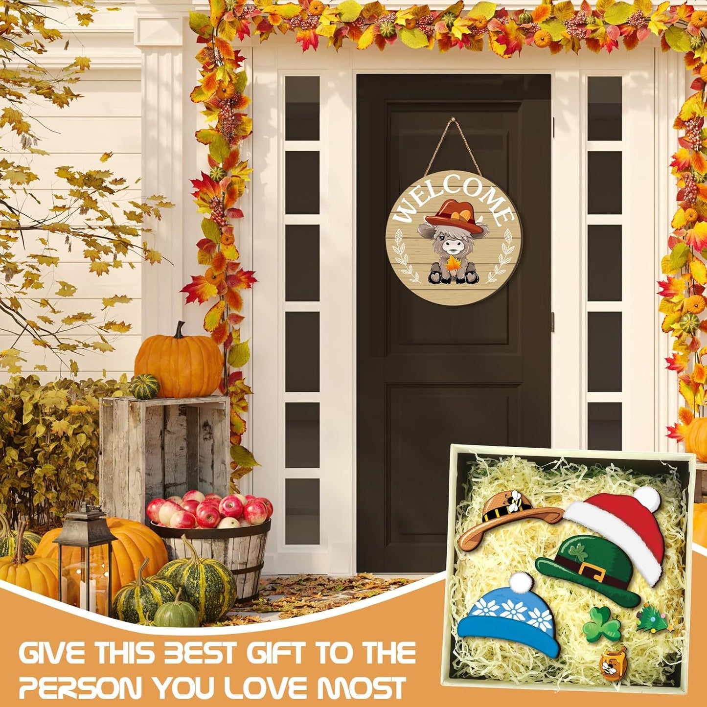 Interchangeable Highlands Cow Welcome Sign Wooden Holiday Front Door Decor