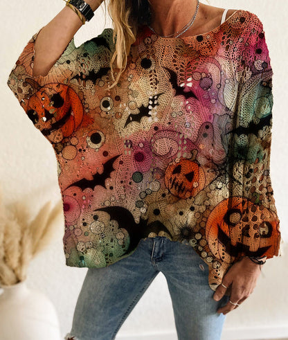 24-Hour Flash Deal⏰🎃 Women’s Halloween Pumpkin Print Knit Top – Casual & Elegant Loose Fit Sweater
