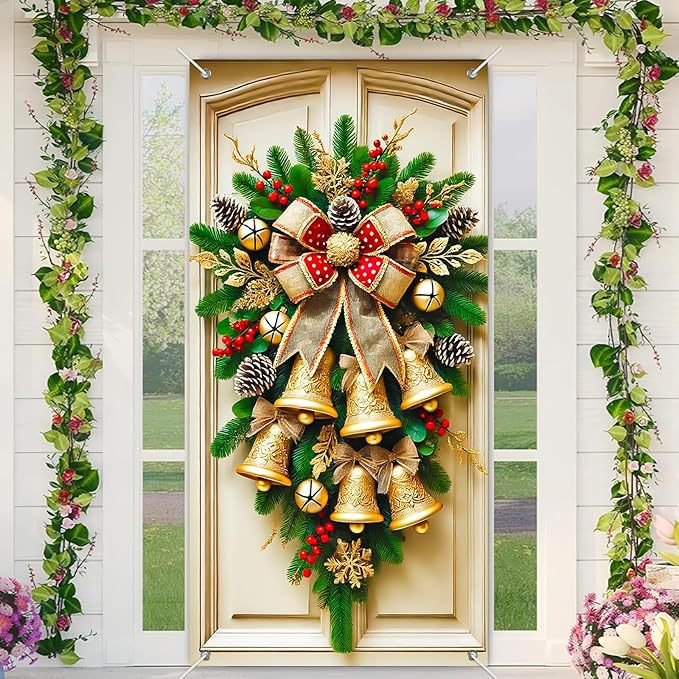 Christmas Door Covers, Decorative Bow Bell Wreath Christmas Door Wraps