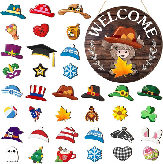 Interchangeable Highlands Cow Welcome Sign Wooden Holiday Front Door Decor