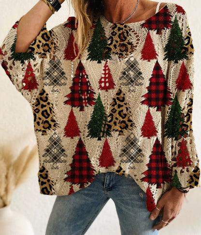 Women Long-Sleeve Christmas Tree Print Knit Pullover – Casual & Elegant Loose Fit Sweater
