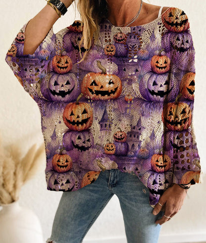 24-Hour Flash Deal⏰🎃 Women’s Halloween Pumpkin Print Knit Top – Casual & Elegant Loose Fit Sweater