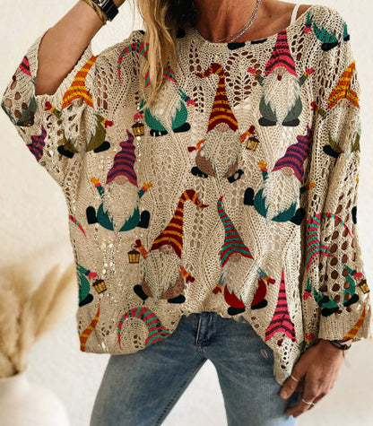 Women Long-Sleeve Christmas Tree Print Knit Pullover – Casual & Elegant Loose Fit Sweater