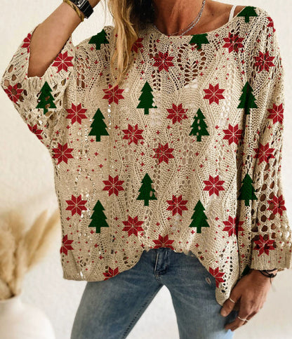 Women Long-Sleeve Christmas Tree Print Knit Pullover – Casual & Elegant Loose Fit Sweater