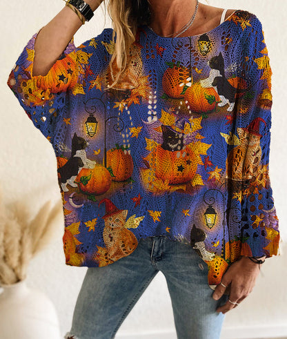 24-Hour Flash Deal⏰🎃 Women’s Halloween Pumpkin Print Knit Top – Casual & Elegant Loose Fit Sweater