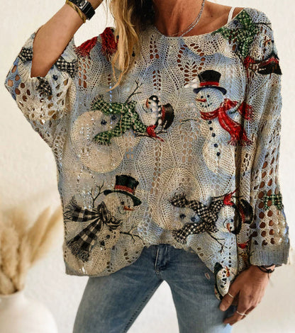 Women Long-Sleeve Christmas Tree Print Knit Pullover – Casual & Elegant Loose Fit Sweater