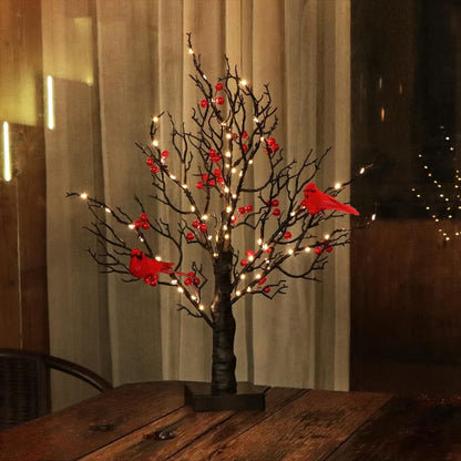 ✨ LED Vintage Glowing Tree with Cardinal and Red Berries