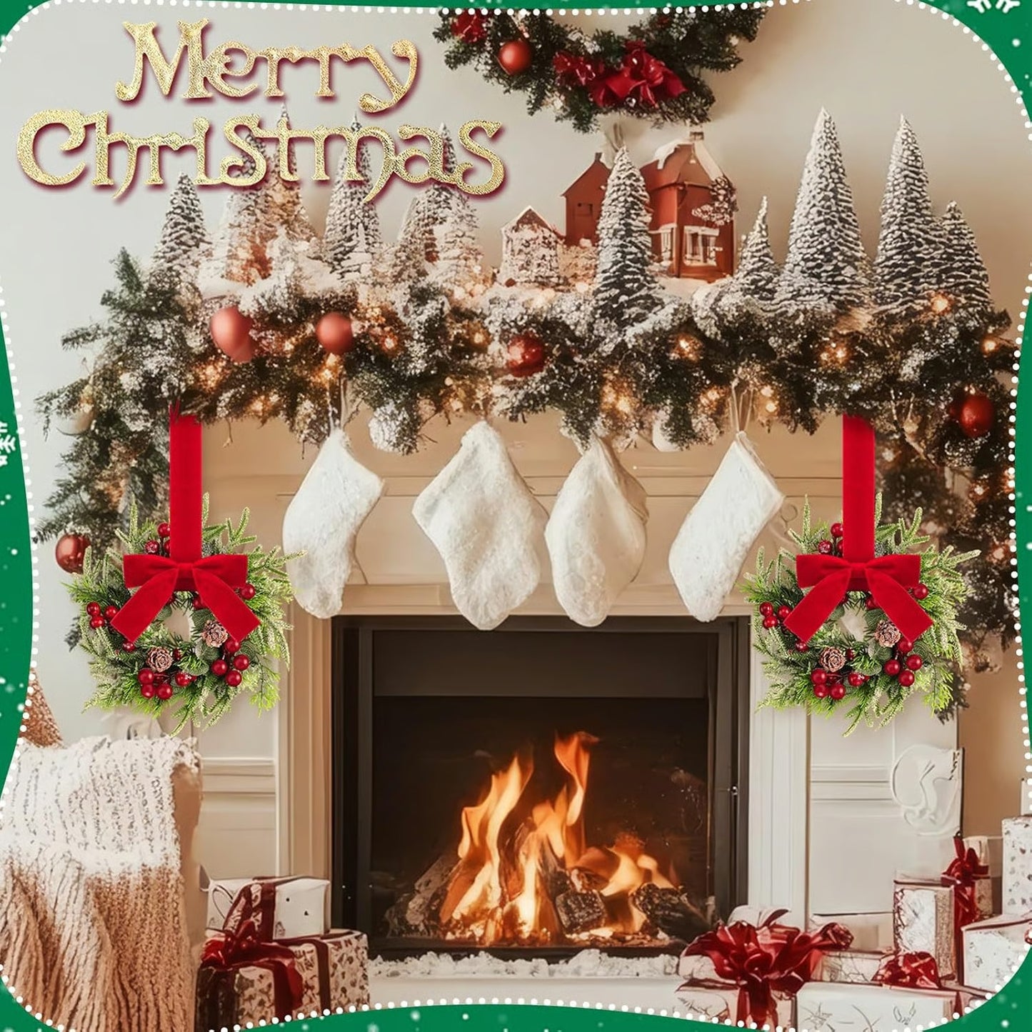 Christmas Mini Wreaths with Ribbon Bows & Red Berries