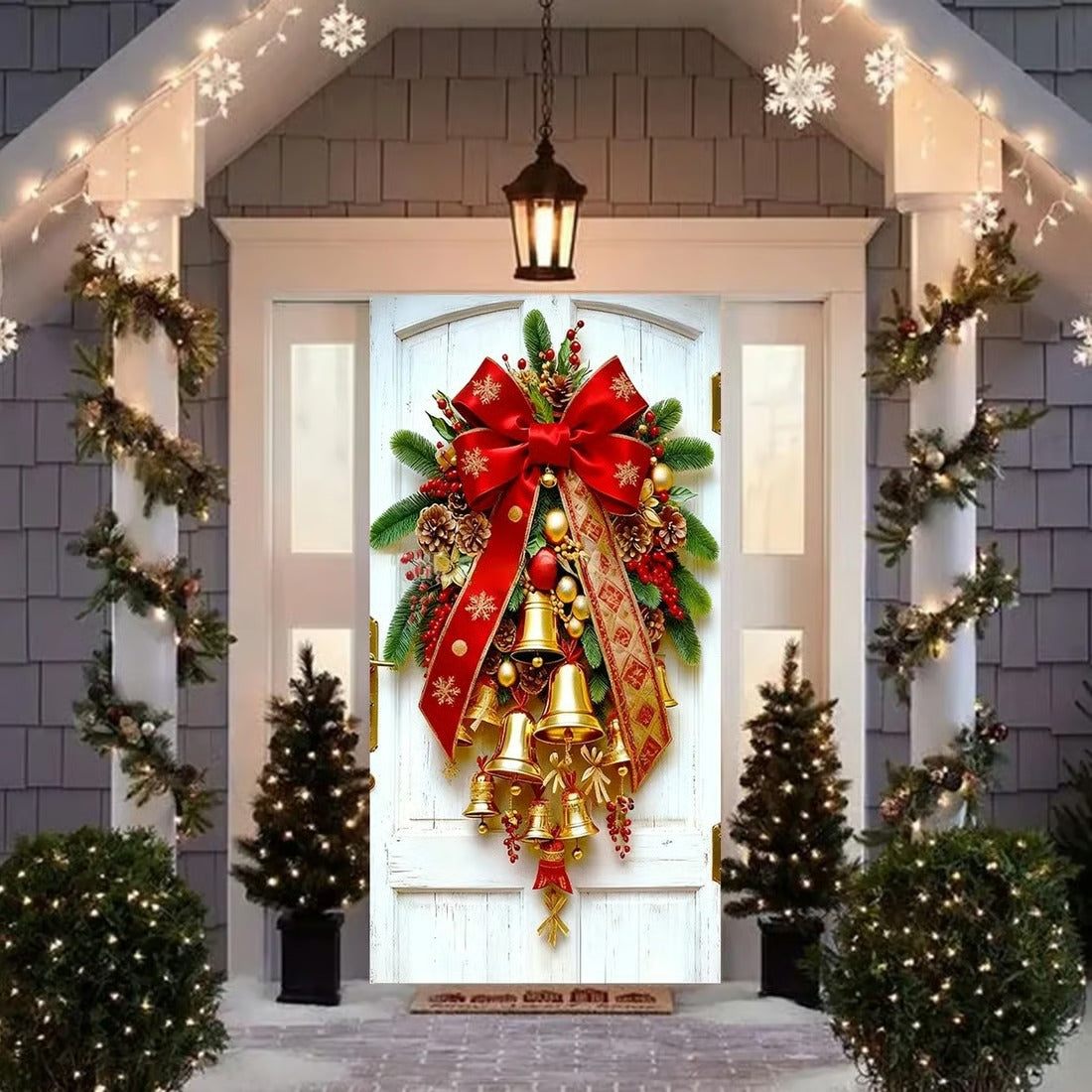 Christmas Door Covers, Decorative Bow Bell Wreath Christmas Door Wraps