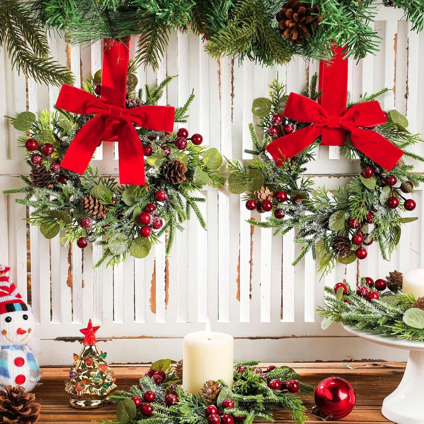 Christmas Mini Wreaths with Ribbon Bows & Red Berries