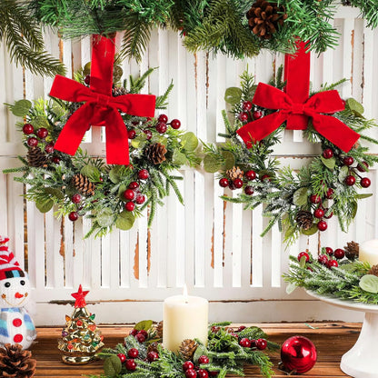 Christmas Mini Wreaths with Ribbon Bows & Red Berries