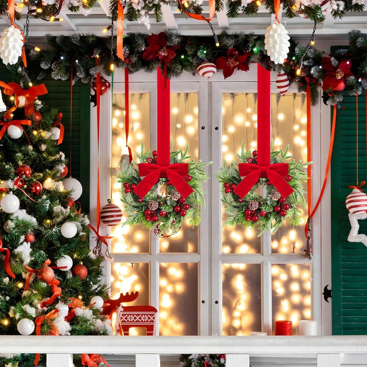 Christmas Mini Wreaths with Ribbon Bows & Red Berries