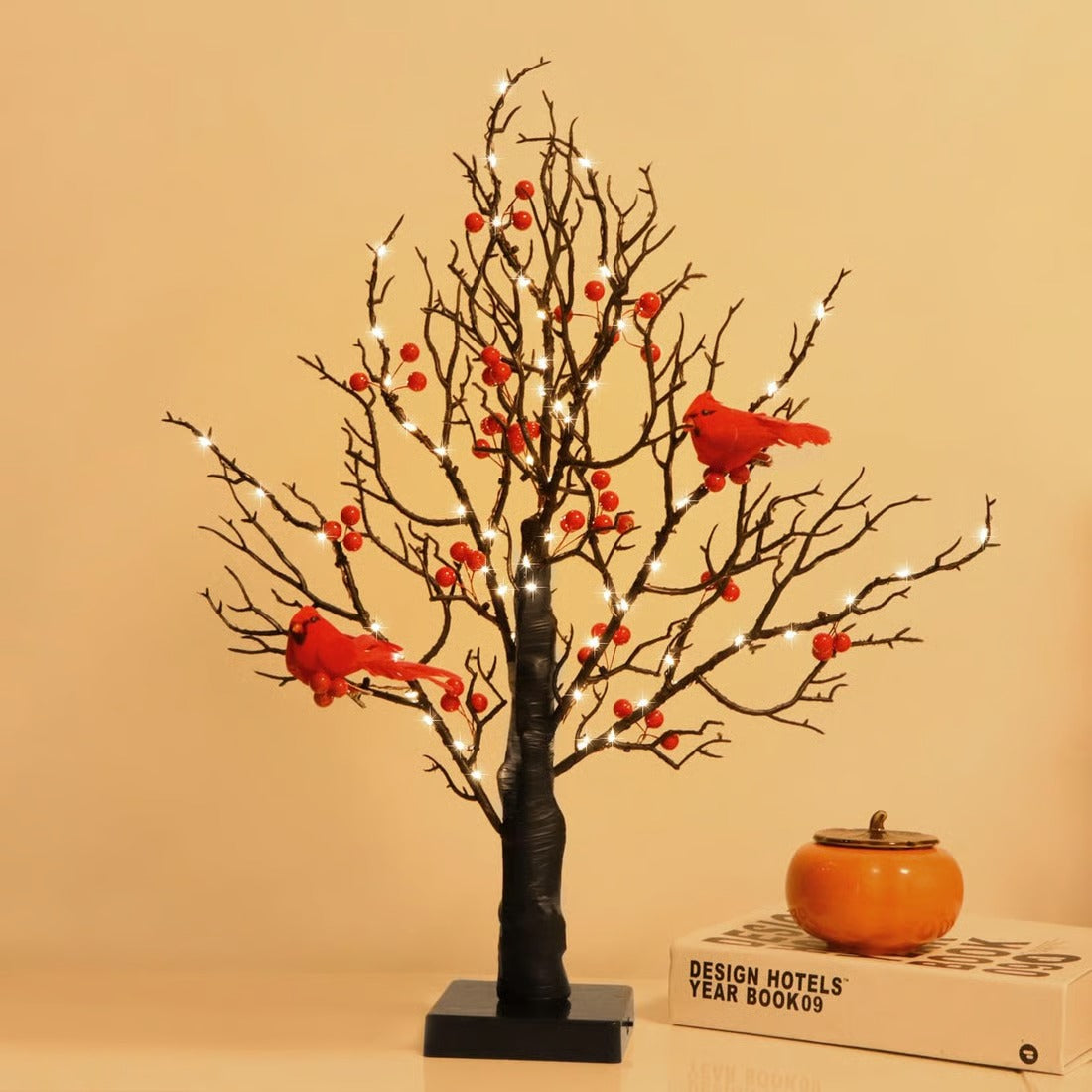 ✨ LED Vintage Glowing Tree with Cardinal and Red Berries