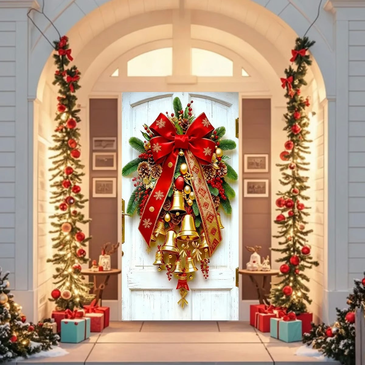 Christmas Door Covers, Decorative Bow Bell Wreath Christmas Door Wraps