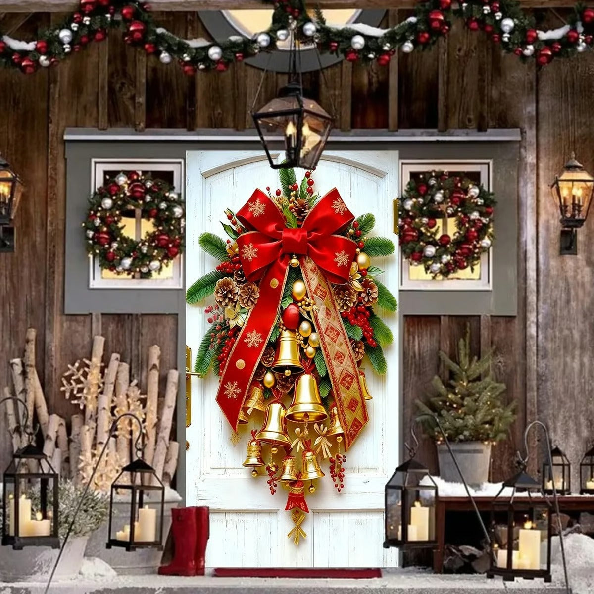 Christmas Door Covers, Decorative Bow Bell Wreath Christmas Door Wraps
