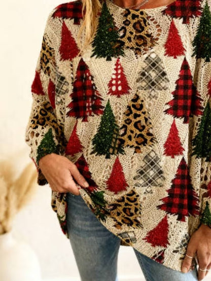 Women Long-Sleeve Christmas Tree Print Knit Pullover – Casual & Elegant Loose Fit Sweater