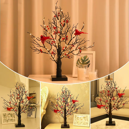 ✨ LED Vintage Glowing Tree with Cardinal and Red Berries